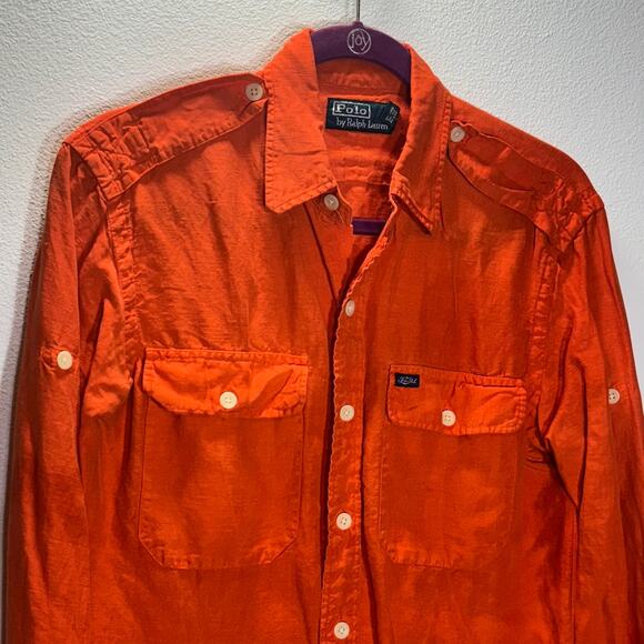 Polo Ralph Lauren Orange Linen Blend Shirt Mens Sz S Long Sleeve Utility Casual - Picture 2 of 9